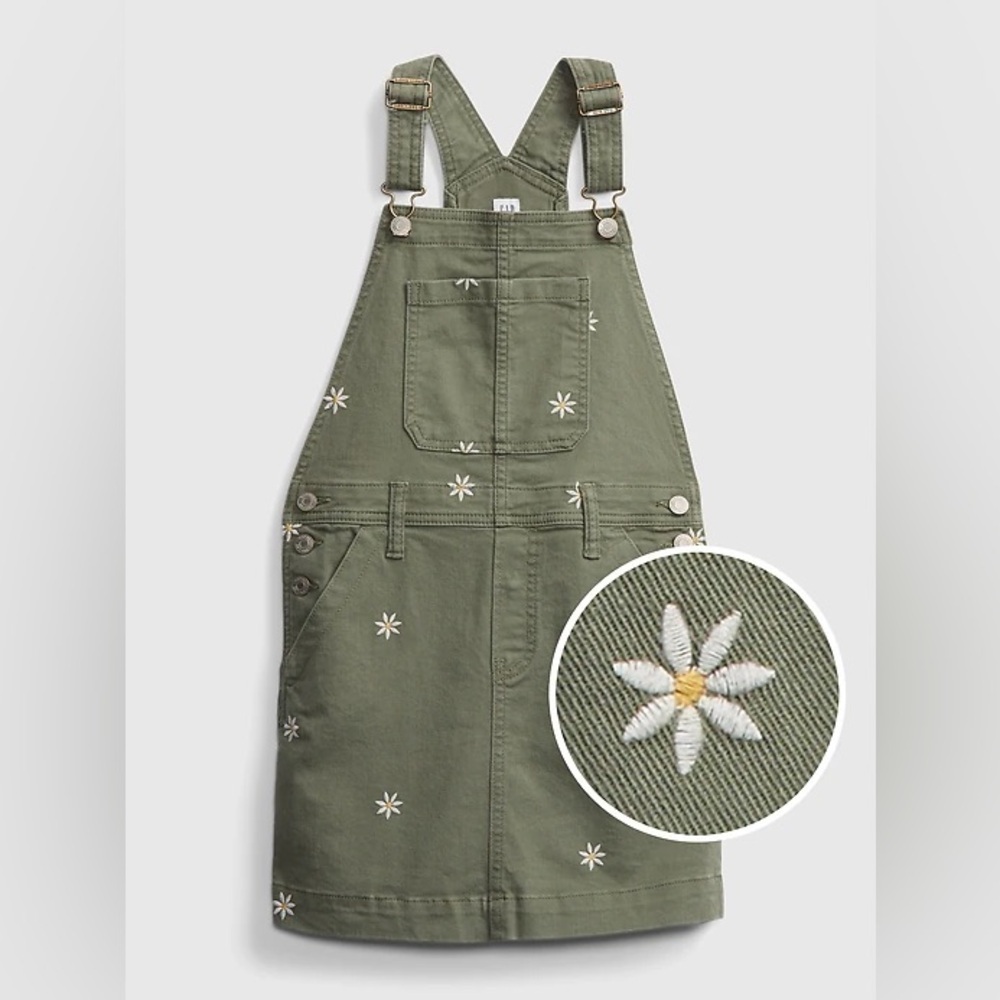 GAP Kids Olive Girl's Overall Dress with Embroidered Floral Accents Size Small